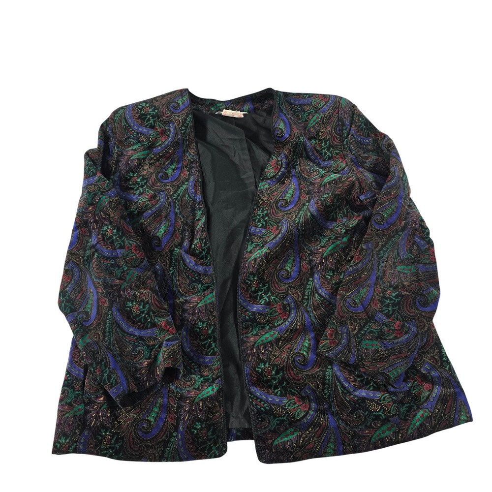 Vintage Tan Jay Women Black Paisley Cotton Open Front Blazer Jacket Size 16